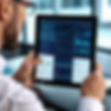 Close-up of a financial professional engaging with a CRM interface on a tablet