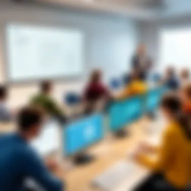 Collaboration Among Educators on LMS Features Educators collaborating and discussing LMS features in a modern classroom
